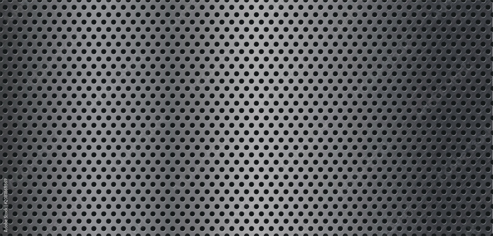 Fototapeta premium Metal pattern perforated texture with black and white hex background. Wall hole frame with mesh dot board and grey pegboard grate. Comb sheet metal with peg iron perforated and honey net black.