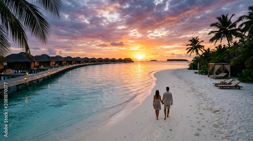 The Maldives at sunset, pristine beach, crystal-clear ocean, luxury island paradise, cinematic travel scene