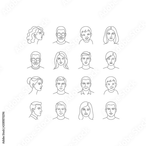 Diverse Human Faces Set: Outline Icons of Men, Women, and Children