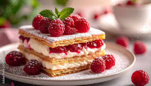 Raspberry mille-feuille with flaky pastry layers and creamy filling oozing macro closeup