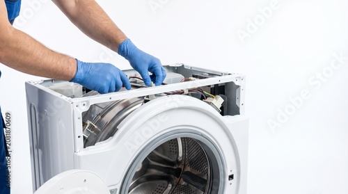 Professional technician repairing a white washing machine in a bright clean studio setting