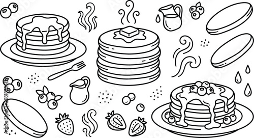 Φωτογραφία Pancake breakfast vector line art set featuring stacked pancakes with syrup butter syrup jugs strawberries blueberries and steam swirls
