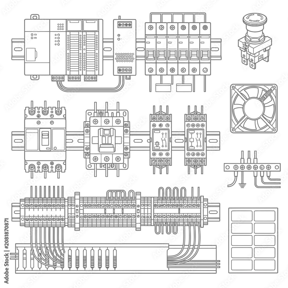 Obraz premium Detailed technical drawing of an industrial electrical cabinet with wiring and components