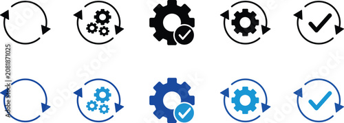 Photography Set of Sync process, icon reload, circle arrow with gear wheel, recycling recurrence, renewal refresh processing icons, settings, update with a checkmark, PNG