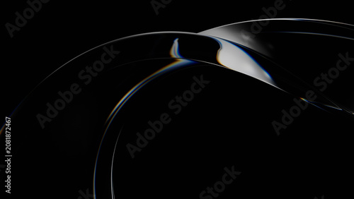 Foto Abstract dark background with 3d fluid glass ribbon, elegant transparent wave with chromatic aberration and light dispersion