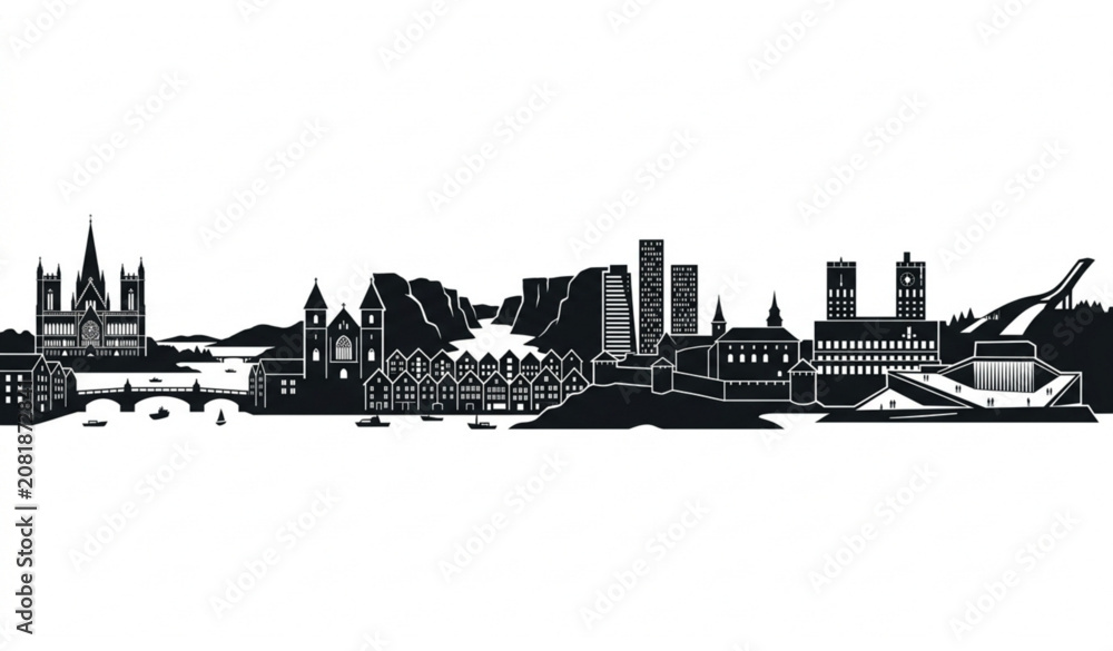 Obraz premium Norway City Skyline Silhouette Vector with Oslo Stavanger Trondheim Famous Landmarks Isolated on White