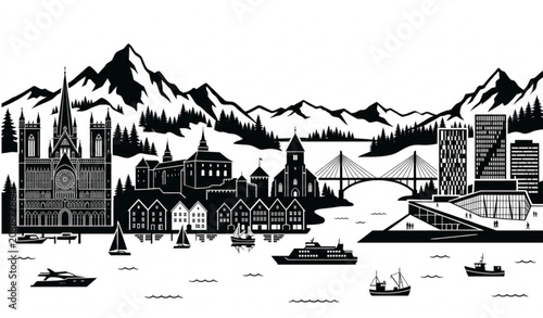 Bild auf Leinwand Norway Skyline Panorama with Oslo Stavanger and Trondheim Architecture Black Sil