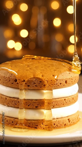 Syrup drips down layers of fluffy pancakes on a plate indoors