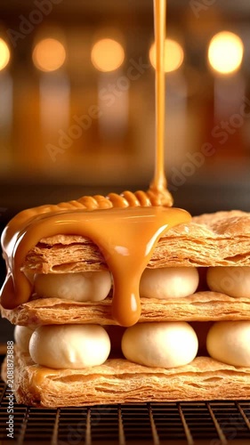 Caramel sauce is poured over a stack of creamy pastry puffs on a baking rack indoors.