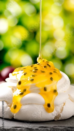 Passion fruit sauce drizzles over a meringue dessert on a table outdoors