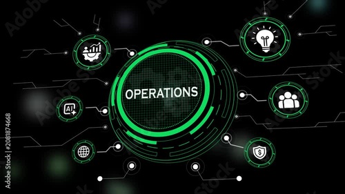 Digital dashboard for business operations featuring a futuristic HUD interface with icons for artificial intelligence, global networking, strategic innovation, and team management.