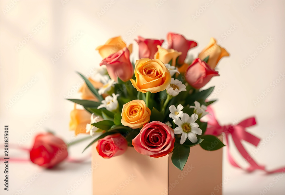 Obraz premium Bouquet of yellow and pink roses with white daisies in gift box
