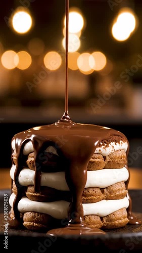 A stack of pancakes being drizzled with chocolate sauce on a plate indoors