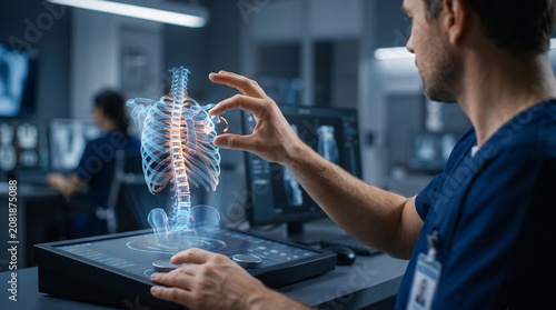 A male medical in a dark laboratory setting uses his hands to manipulate a glowing 3d holographic projection of a human rib cage and spine, analyzing anatomical structures in detail