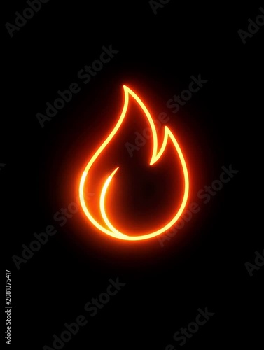 Glowing neon fire flame icon on black background with bright orange light effect and modern design