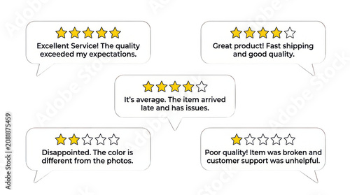 Customer reviews with star ratings showing satisfaction and dissatisfaction on a transparent background