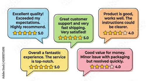 Customer feedback bubbles with star ratings and positive reviews on a transparent background