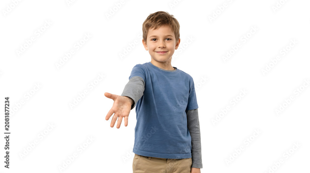 Naklejka premium Young boy extends hand for handshake friendly gesture PNG Isolated on transparent background