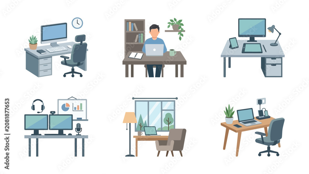 Fototapeta premium Home Office Setups: Remote Work and Freelance Desk Illustrations