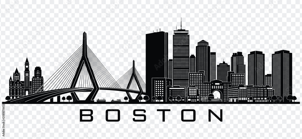 Obraz premium Boston skyline silhouette with zakim bridge and city buildings vector illustration