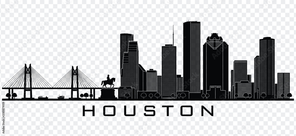 Obraz premium Houston texas city skyline silhouette with buildings, bridge, and statue
