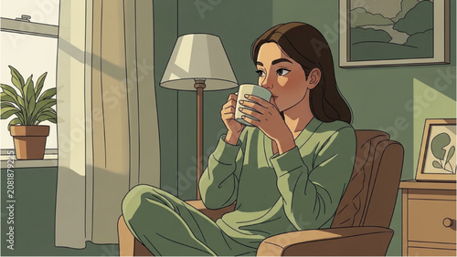 Fotografia Woman sitting in a cozy living room sipping coffee from a mug