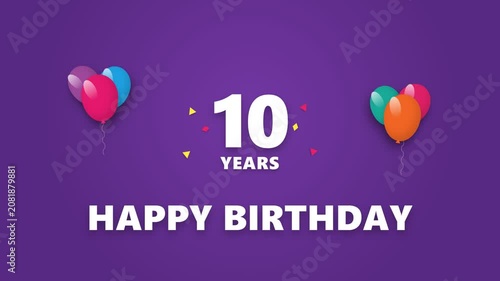 Happy 10th Birthday Celebration with Colorful Balloons and Confetti on Purple Background.