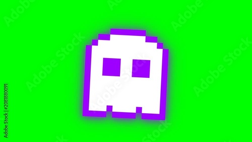 Pixel Art Ghost Floating on Green Screen Background.