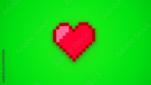 Pulsing Pixelated Red Heart on Green Screen Background.