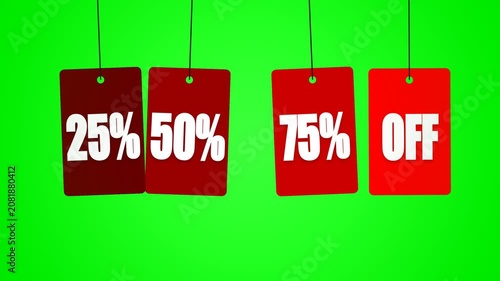Sale Tags with Percentage Discounts and Off Sign on Green Screen.