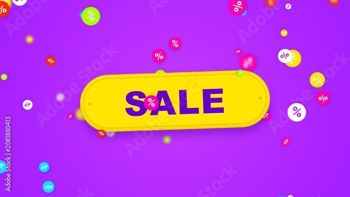 Sale Promotion Animation with Colorful Floating Elements on Purple Background.