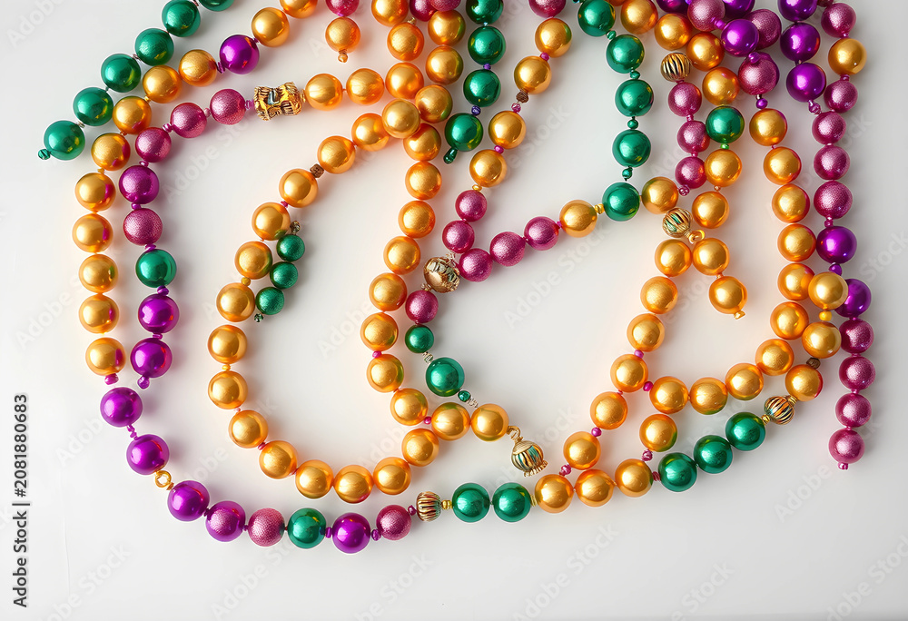 Fototapeta premium Colorful mardi gras bead necklaces flat lay on white background