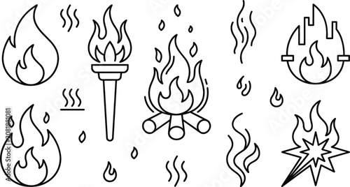 Fotografie Fire flame torch and campfire vector line art icon set featuring blazing bonfires smoke trails sparks city burn