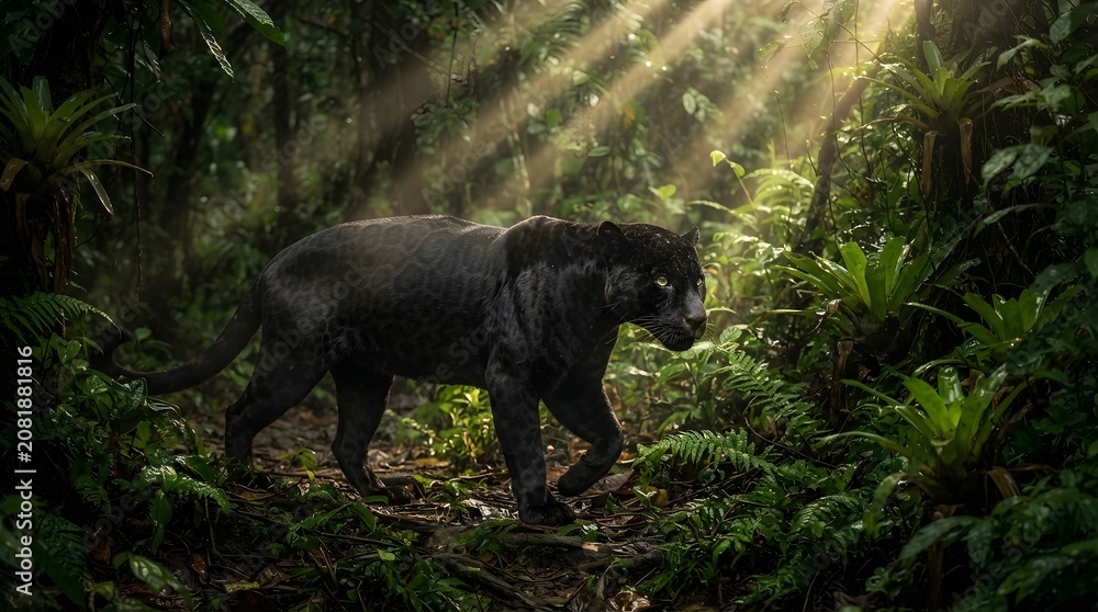 Naklejka premium Black Panther Walking Through Lush Green Jungle with Sunlight Rays