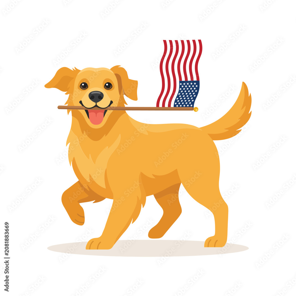 Obraz premium Happy golden retriever dog holding an american flag in its mouth isolated on a white background, for patriotic holiday, and pet concept