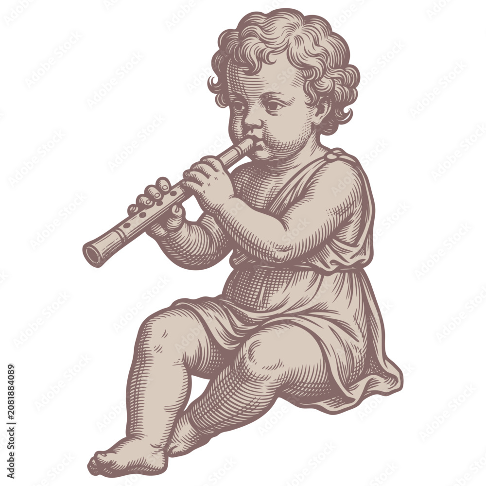 Obraz premium Detailed vector engraving illustration of a sitting cherub playing a flute. Vintage classical art of an angel making music, isolated on white background.