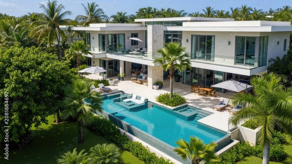Fototapeta premium Modern white mansion with large swimming pool and garden.