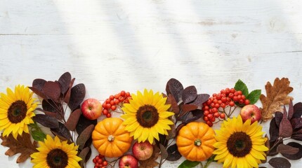 Vibrant autumn border composition with sunflowers, pumpkins, apples, rowan berries and colorful dry leaves on a white wooden background.