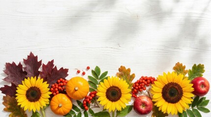 Vibrant autumn border composition with sunflowers, pumpkins, apples, rowan berries and colorful dry leaves on a white wooden background.