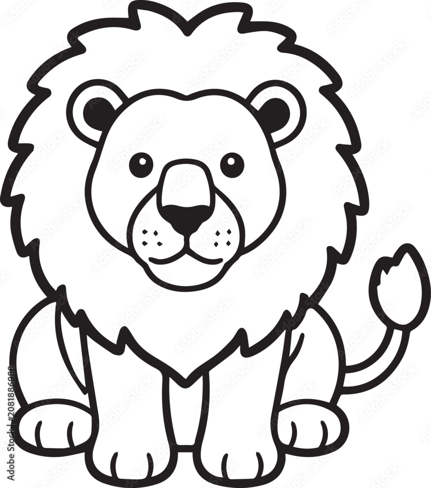 Fototapeta premium A cute cartoon lion with a big mane and friendly expression, sitting down, in a simple line art style.