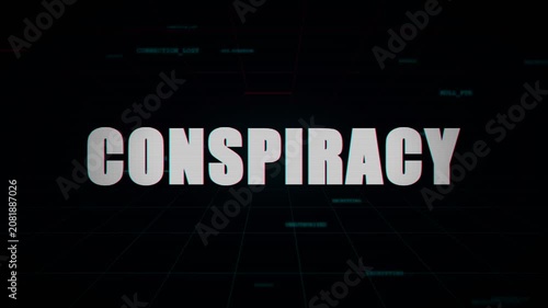 Glitchy Digital Text Animation Featuring The Word Conspiracy On A Dark Background.