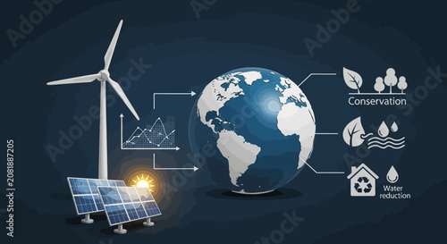 Eco friendly energy, sustainable power, renewable sources, green technology icons