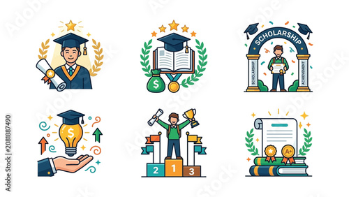 Graduation and Scholarship Icons: Education, Achievement, Success, and Funding