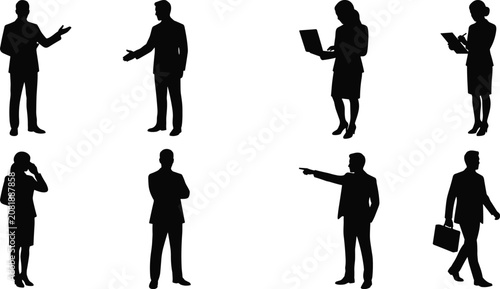 Business People Silhouette Vector Set with Professional Office Poses on White Background