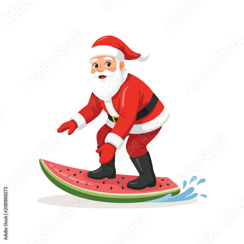 Photography Happy santa claus surfing on a giant slice of fresh watermelon across the blue w
