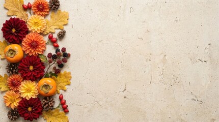 Vibrant autumn side border with colorful dahlia flowers, orange persimmons and wild berries on a textured gray concrete wall background.