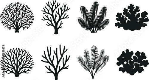 Marine Coral and Seaweed Silhouette Vector Collection Isolated on White Background