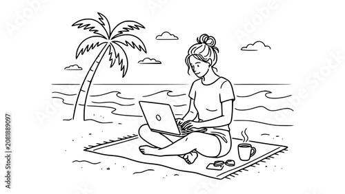 Fotografie Young woman sitting on beach blanket working on laptop remote freelance work