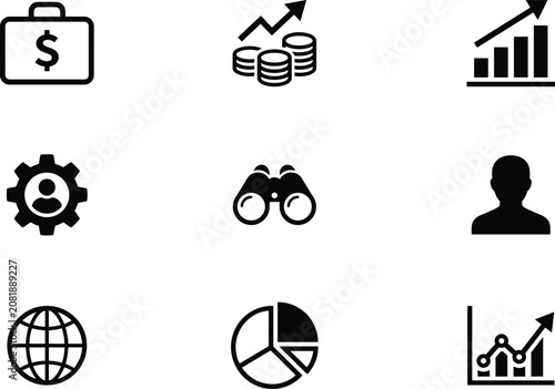 Business and financial analytics icon set featuring growth charts investment data marketing strategy and management symbols