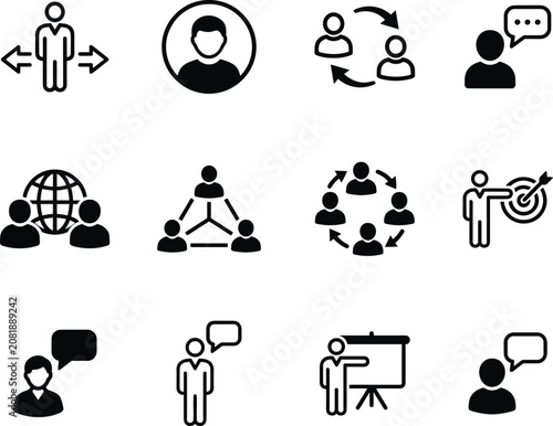 Business communication and human resources icon set featuring teamwork target marketing global network and corporate collaboration